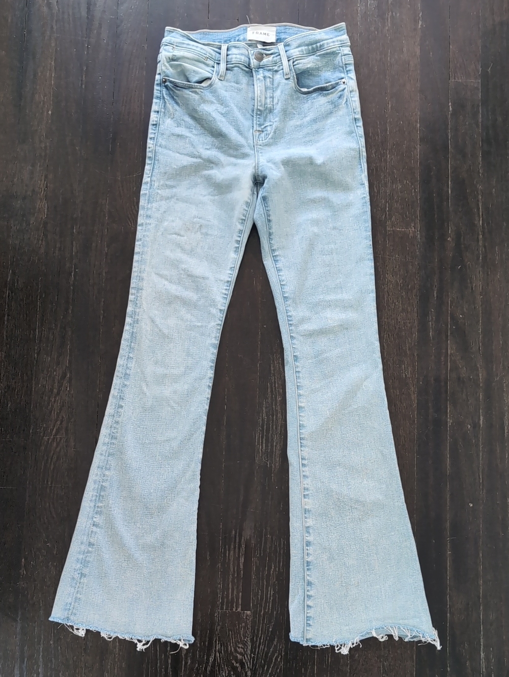 Frame Denim Light Blue Flare Jeans with Frayed Hem - Size 25